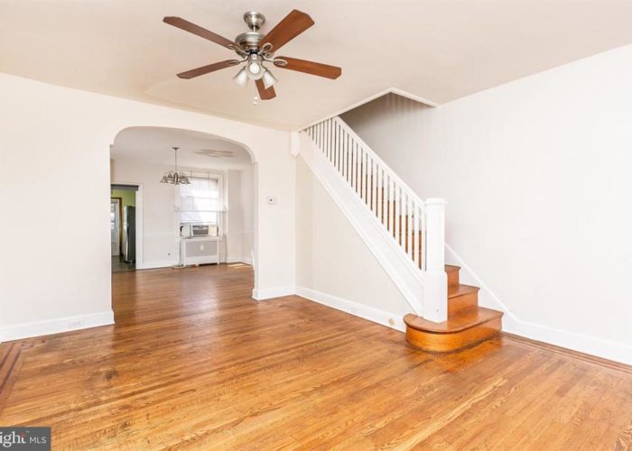 316 Drew St., living room and stairs with ceiling fan