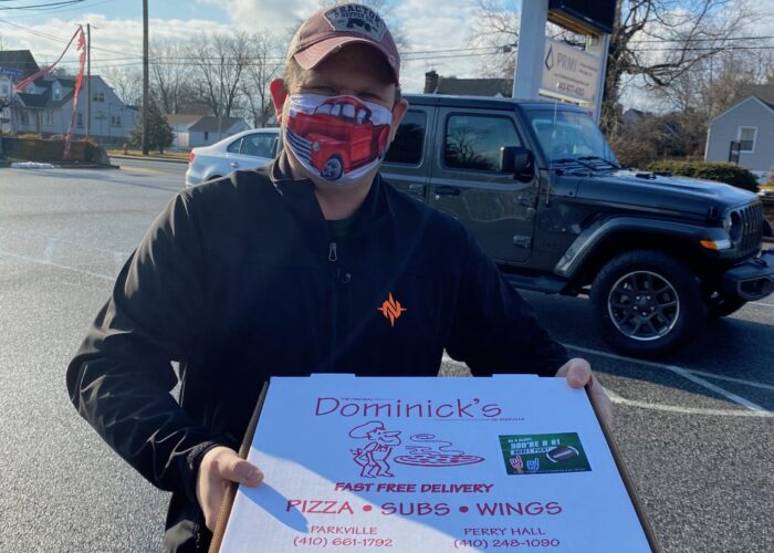 Super Bowl Pizza Event, creative mask wearing encouraged
