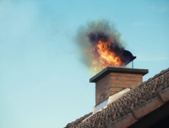 A chimney with fire coming out it for the blog about preventing chimney fires