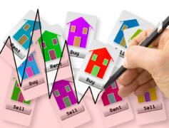 Illustration of a graph superimposed over drawings of houses marked "buy," "rent" or "sell."