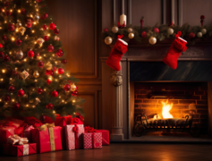 A Christmas tree near a lit fireplace.