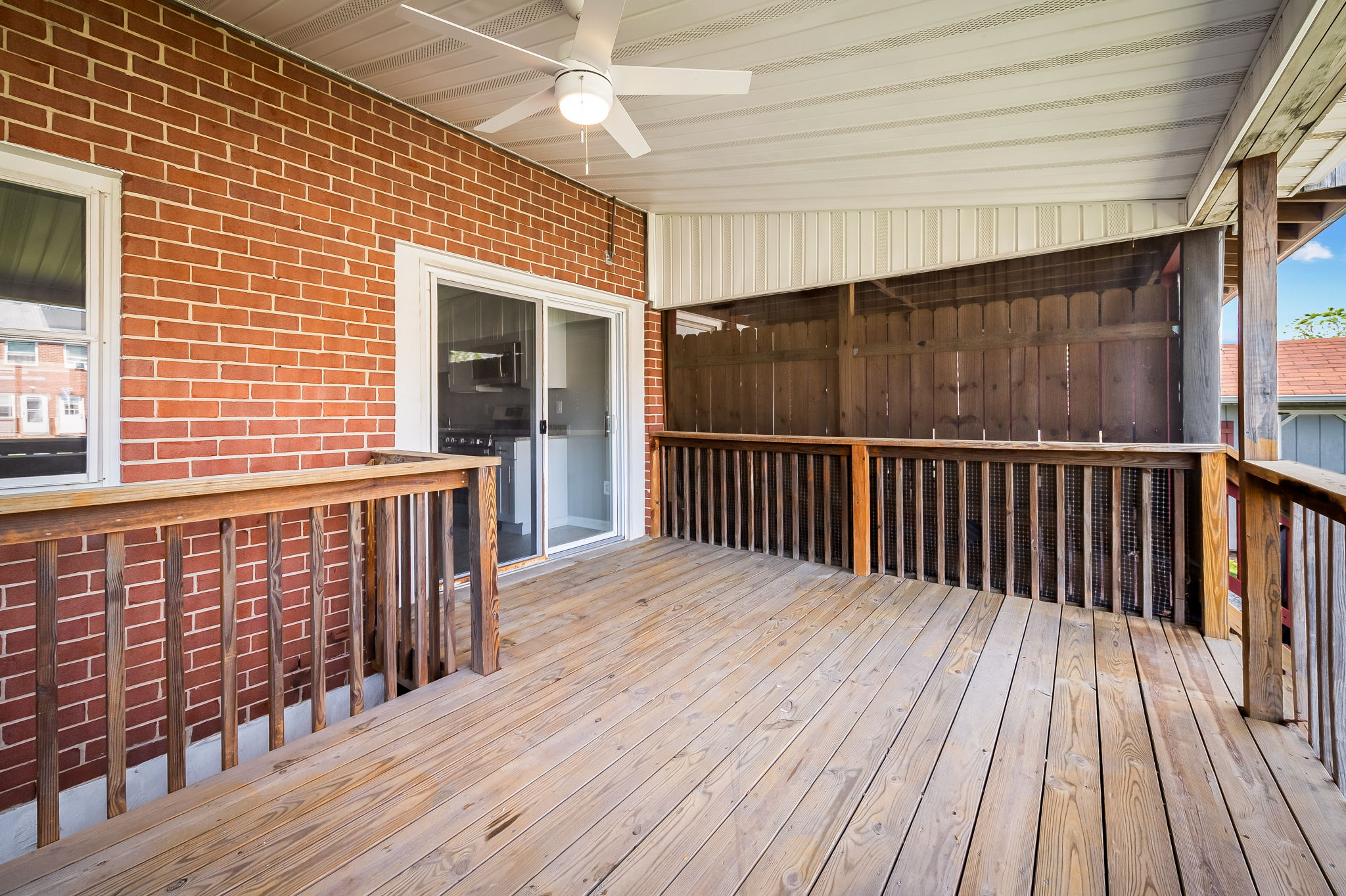 751 Seawall Road, covered deck with ceiling fan.