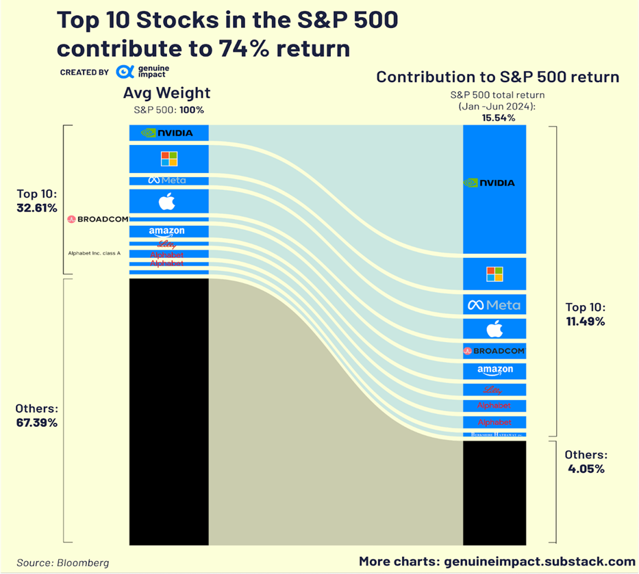 A chart showing the top 10 stocks in the S&P 500 contribut to 74% return.